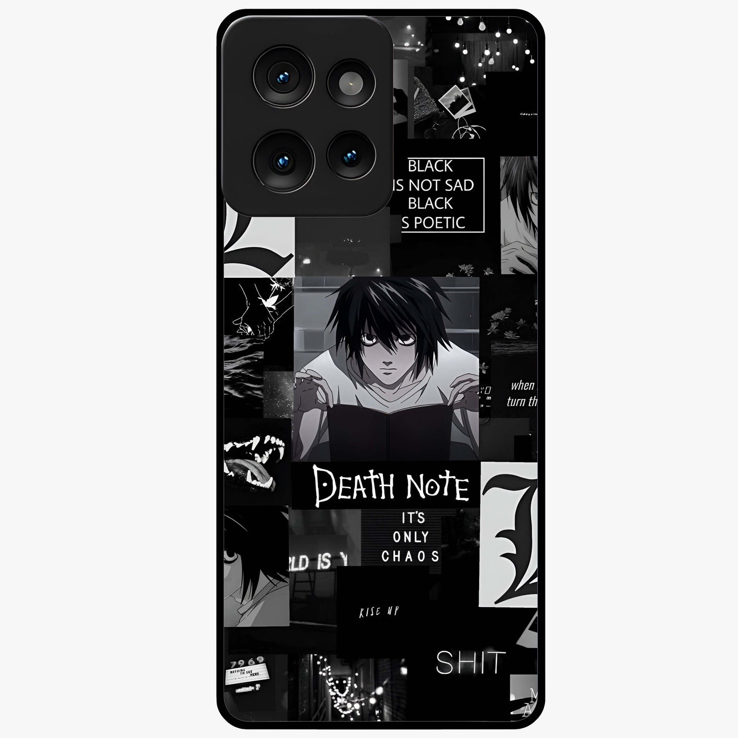 Midnight Chaos Mind Glass Case showing flat back view with abstract dark themed artwork and glossy glass finish.