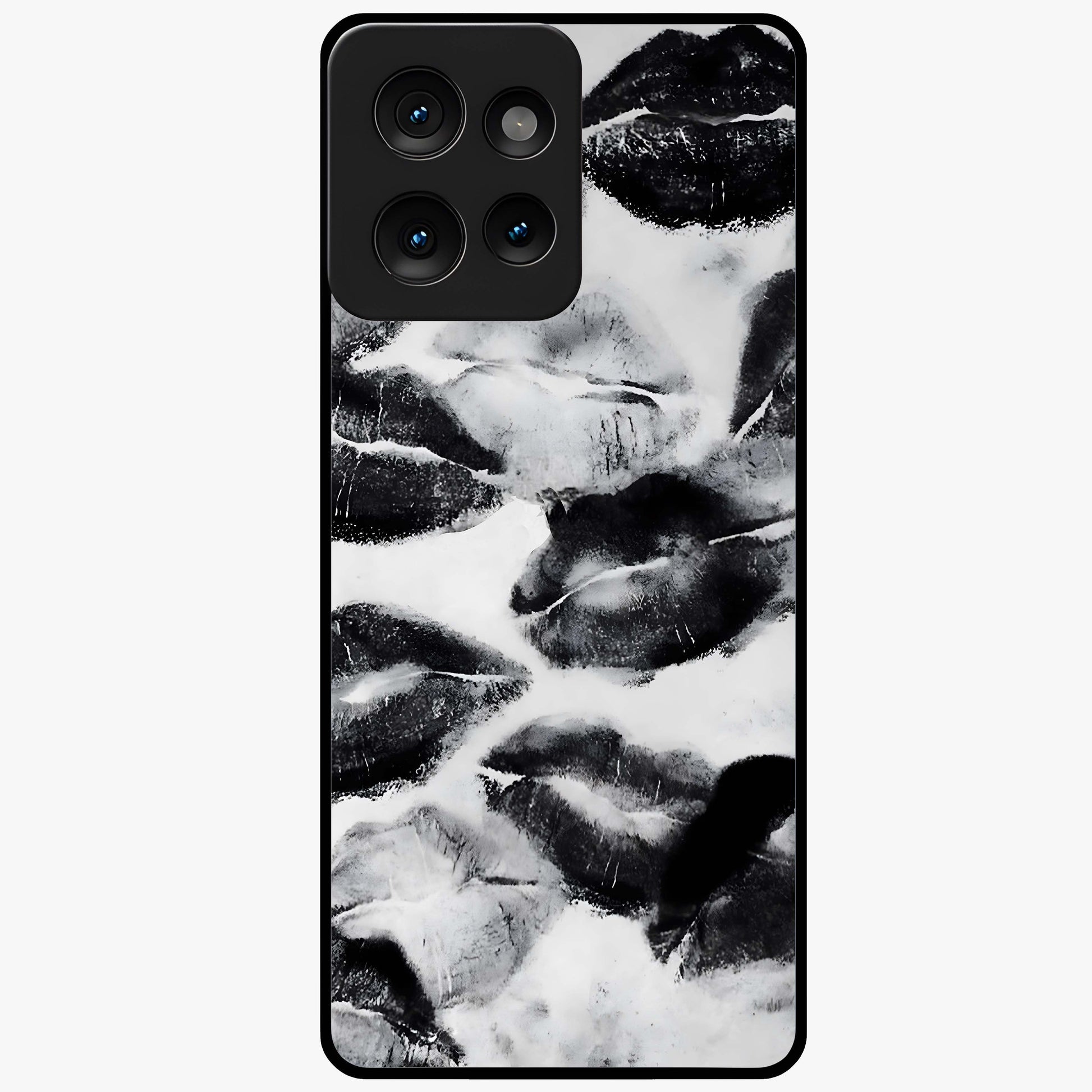 Midnight Kiss Marks Glass Case showing flat back view with lipstick kiss mark artwork and glossy glass finish.