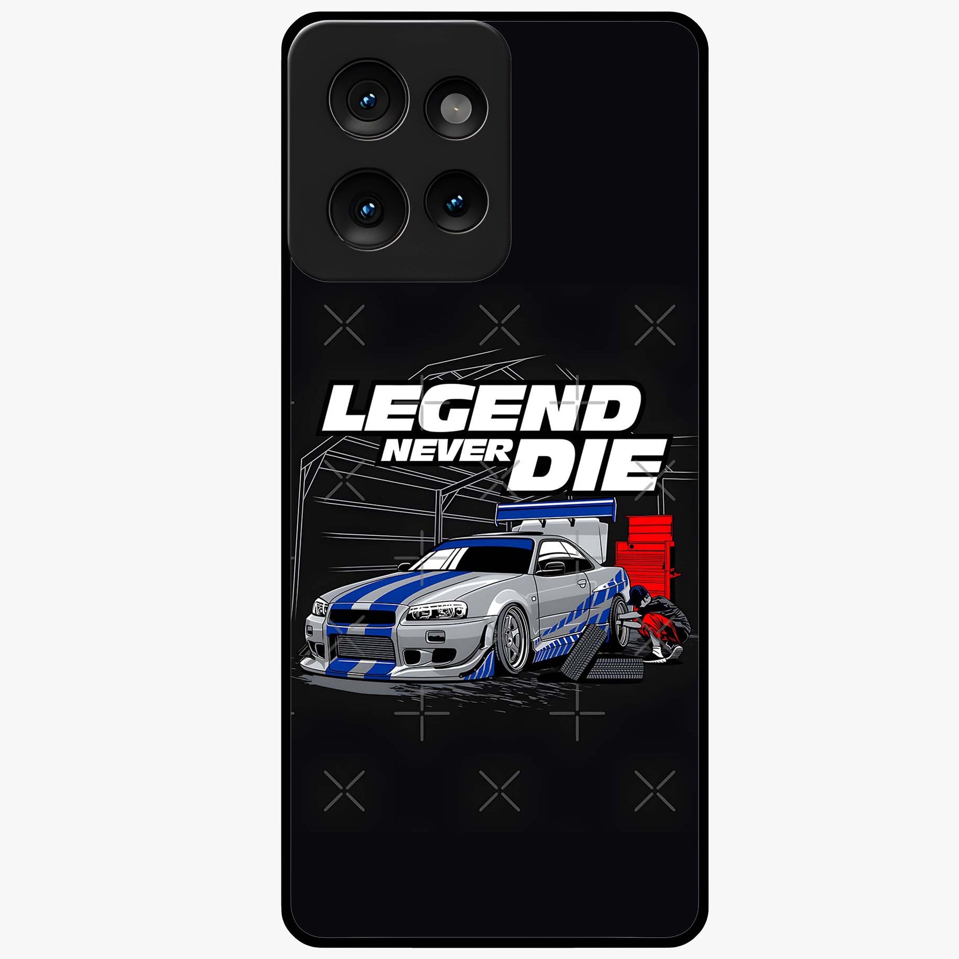 Midnight Racing Legacy Glass Case showing flat back view with sleek racing inspired artwork and glossy glass finish.
