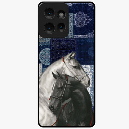 Midnight Stallion Blues Glass Case showing flat back view with majestic horse artwork and glossy glass finish.