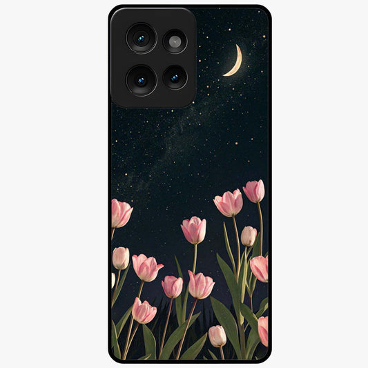 Midnight Tulip Whispers Vibe Glass Case showing flat back view with elegant tulip flower artwork and glossy glass finish.