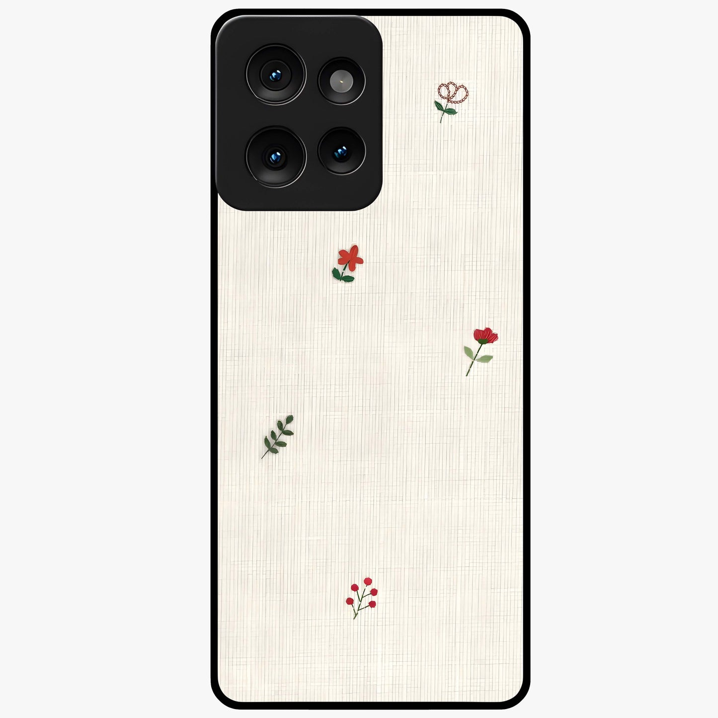 Minimal Petal Whispers Glass Case showing flat back view with soft minimal floral artwork and glossy glass finish.