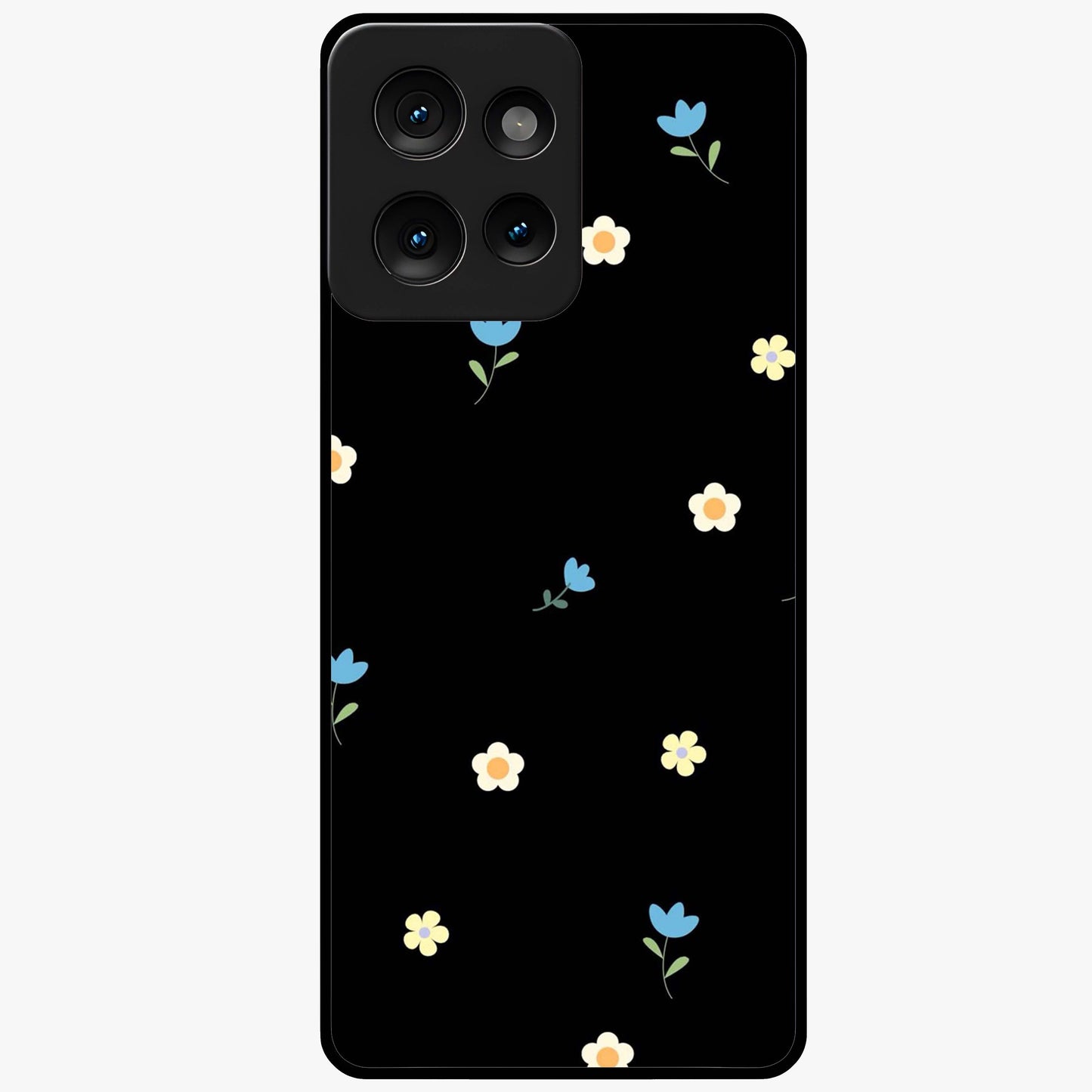 Minimalistic Blue With White Flower Pattern Glass Case showing flat back view with blue background and white flower pattern and glossy glass finish.