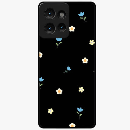 Minimalistic Blue With White Flower Pattern Glass Case showing flat back view with blue background and white flower pattern and glossy glass finish.