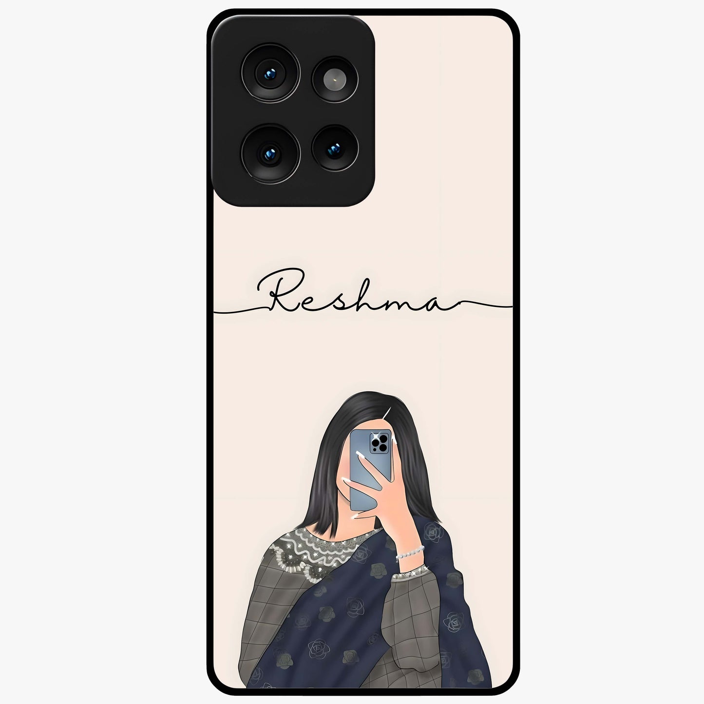 Mirror Mood Muse With Custom Name Glass Case showing flat back view with stylish mirrored artwork and personalized name design.
