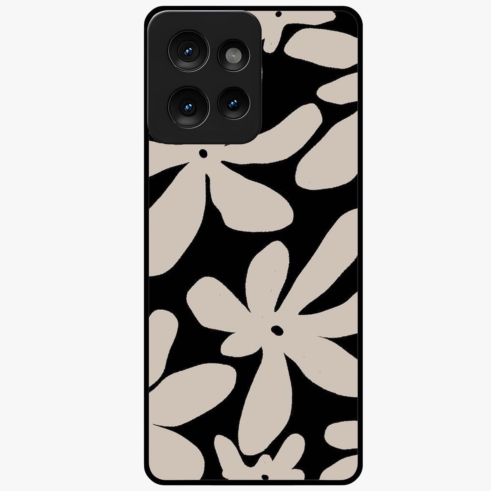 Monochrome Petal Dance Glass Case showing flat back view with monochrome floral artwork and glossy glass finish.