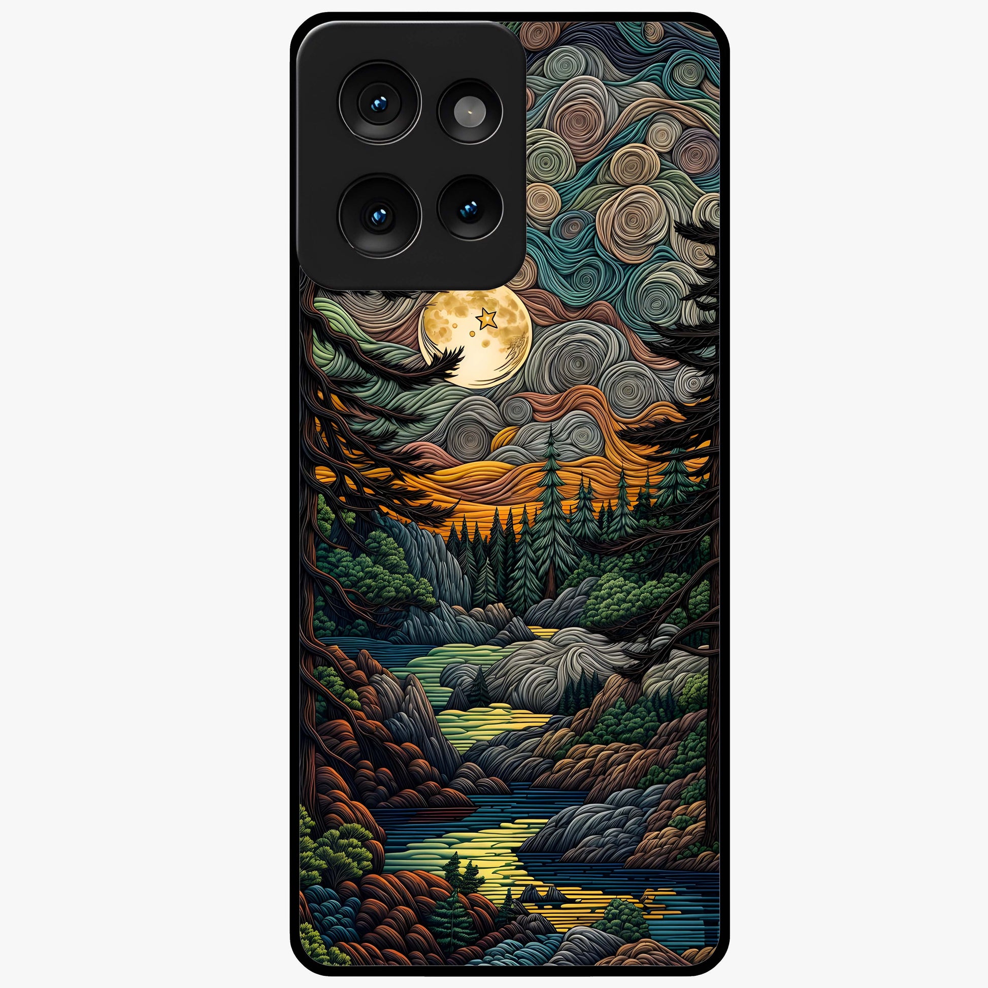 Moonlight Forest Dream Glass Case showing flat back view with mystical forest moonlight artwork and glossy glass finish.