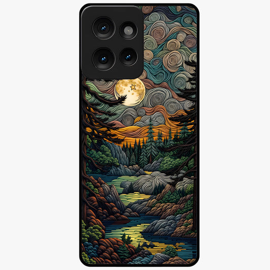 Moonlight Forest Dream Glass Case showing flat back view with mystical forest moonlight artwork and glossy glass finish.