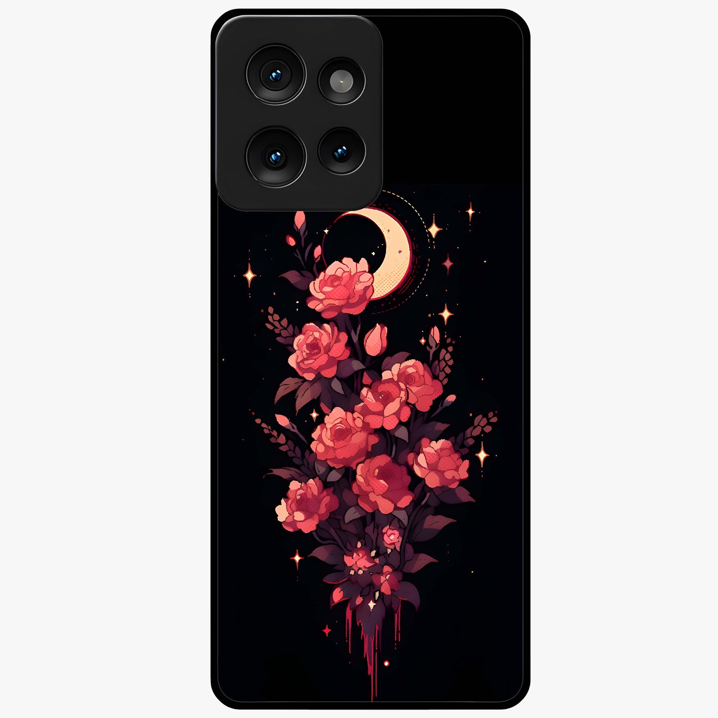 Moonlit Floral Elegance Glass Case showing flat back view with elegant floral artwork under moonlit tones and glossy glass finish.
