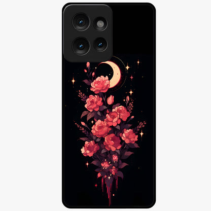 Moonlit Floral Elegance Glass Case showing flat back view with elegant floral artwork under moonlit tones and glossy glass finish.