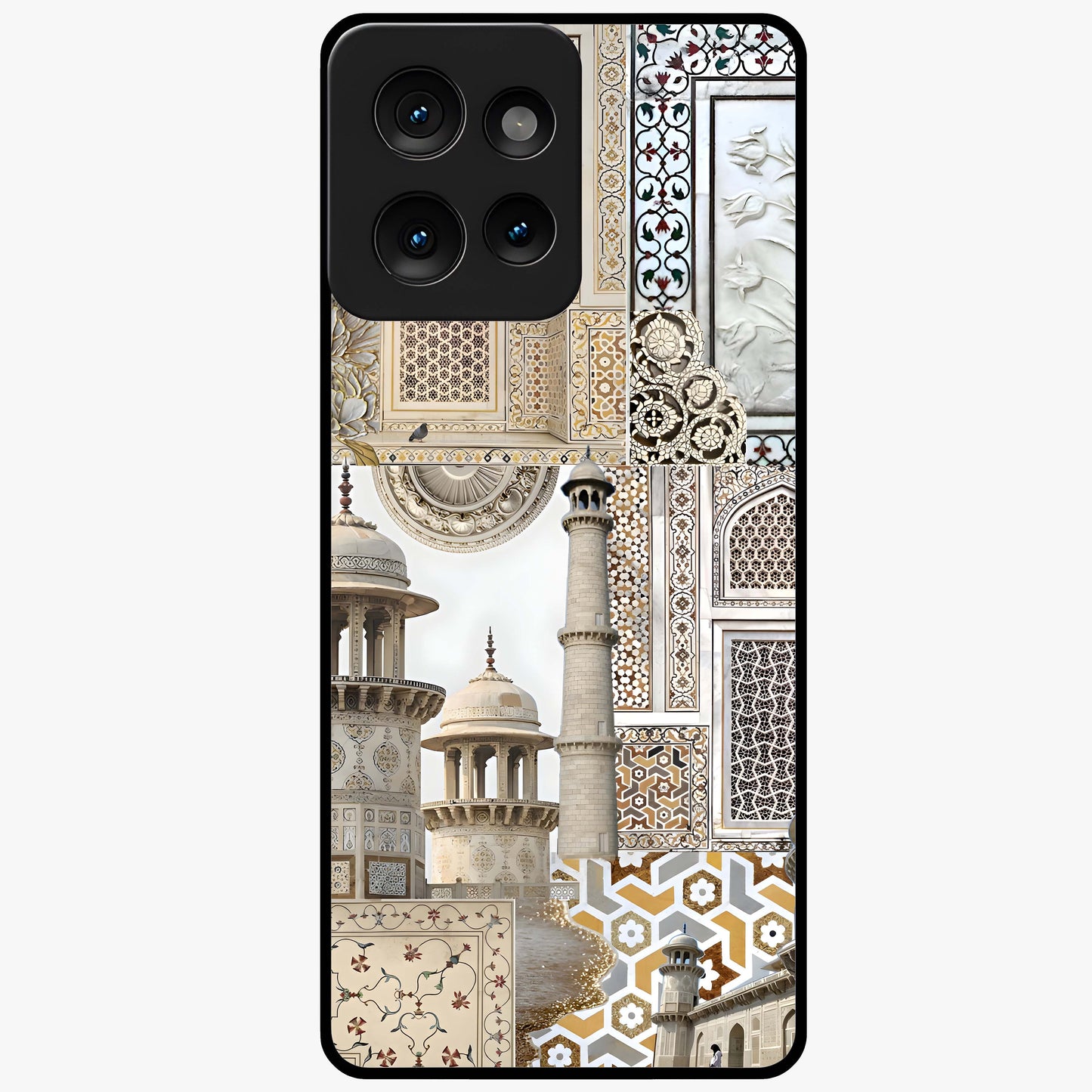 Mughal Marble Legacy Glass Case showing flat back view with intricate Mughal inspired marble pattern and glossy glass finish.