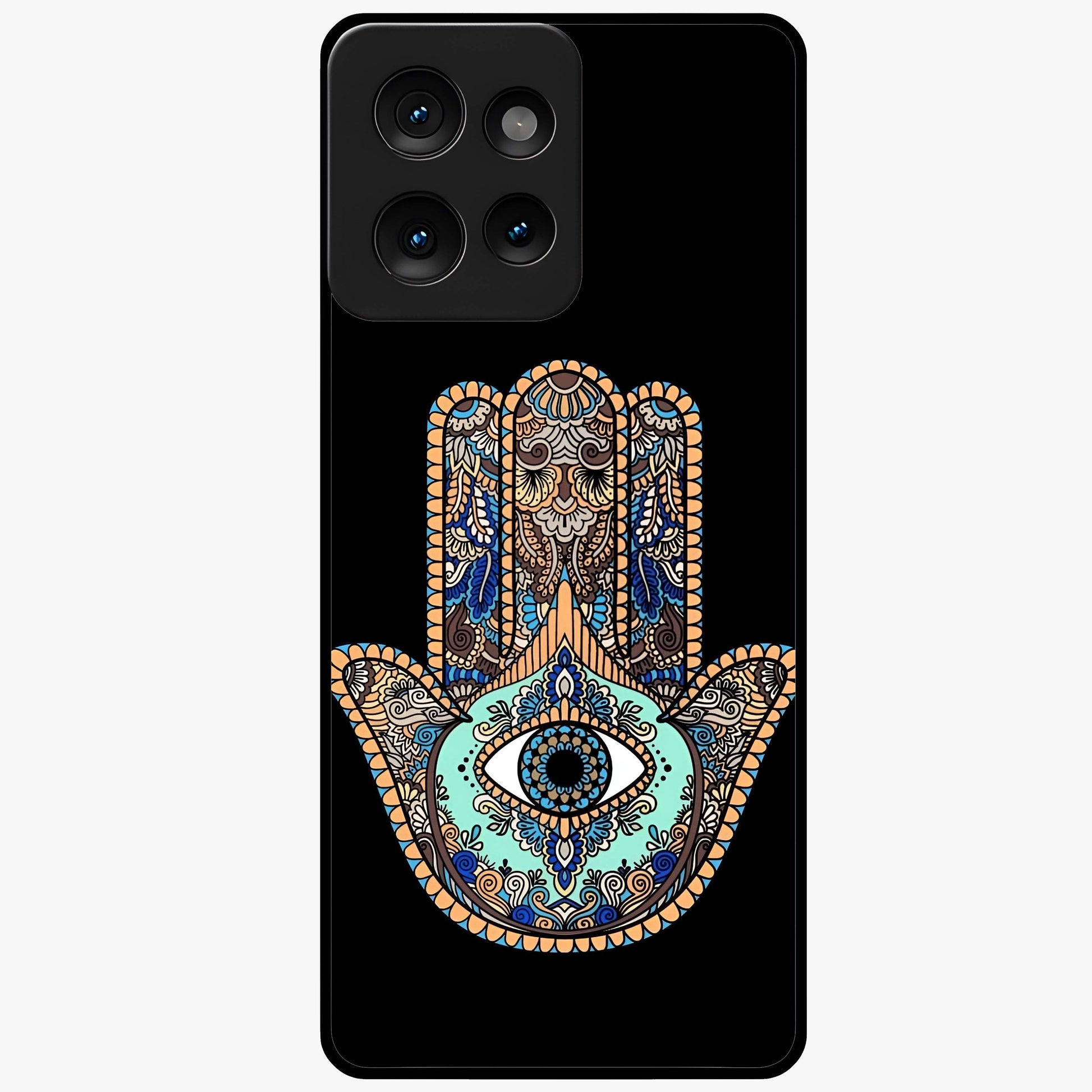 Mystic Hamsa Eye Glass Case showing flat back view with protective hamsa hand and evil eye artwork and glossy glass finish.
