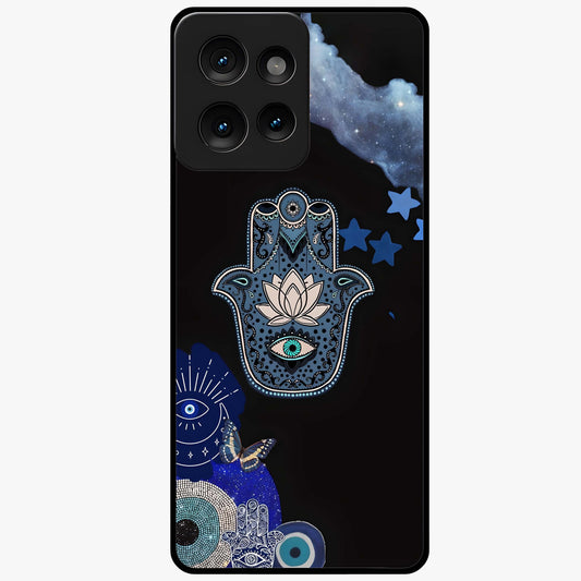 Mystic Hand Aura Glass Case showing flat back view with mystical hand symbol artwork and glossy glass finish.