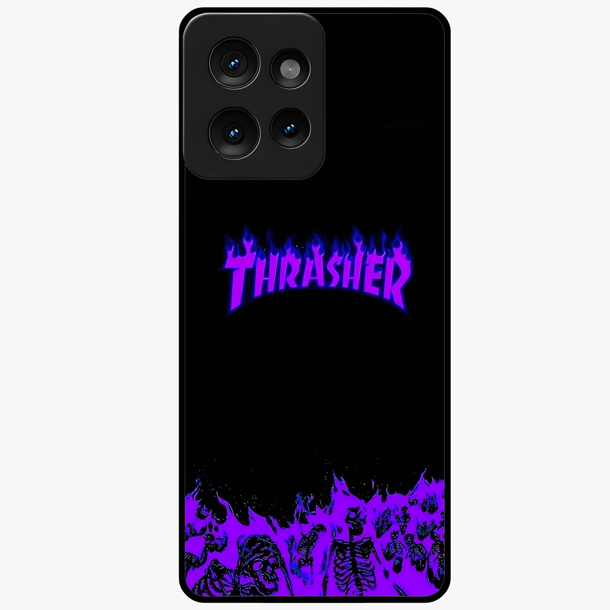 Neon Flame Riot Glass Case showing flat back view with neon flame artwork and glossy glass finish.