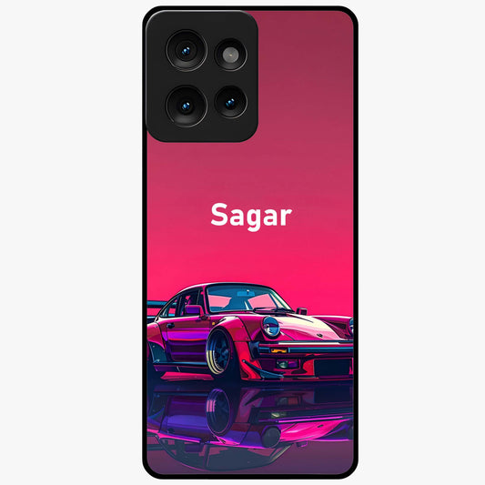 Neon Pink Porsche Glass Case showing flat back view with stylish sports car artwork and glossy glass finish.