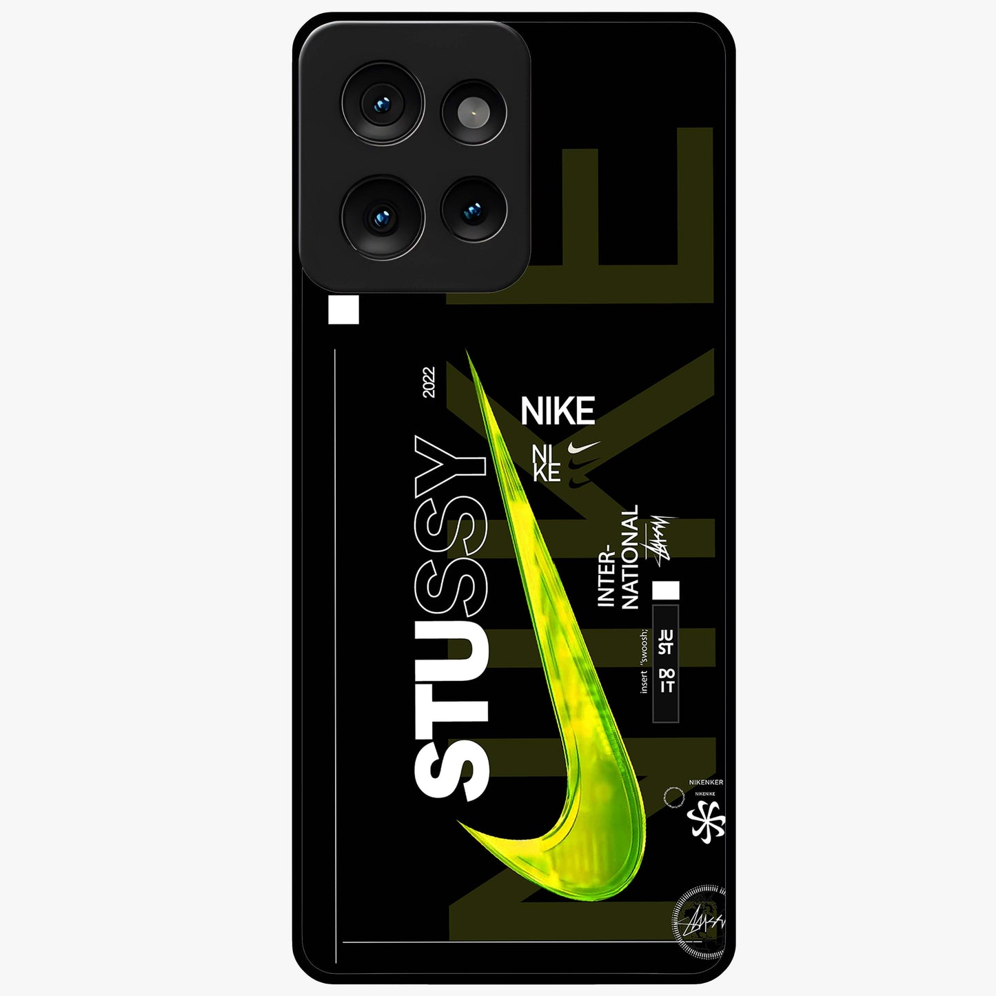 Neon Street Edition Glass Case showing flat back view with neon street style artwork and glossy glass finish.