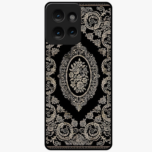 Noir Bloom Elegance Glass Case showing flat back view with elegant dark floral artwork and glossy glass finish.