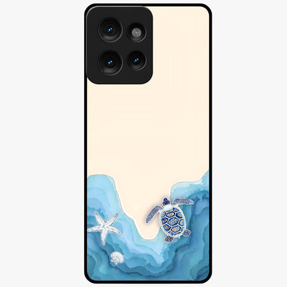 Ocean Drift Turtle Glass Case showing flat back view with sea turtle artwork and glossy glass finish.