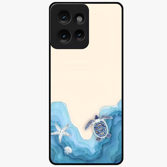 Ocean Drift Turtle Glass Case showing flat back view with sea turtle artwork and glossy glass finish.