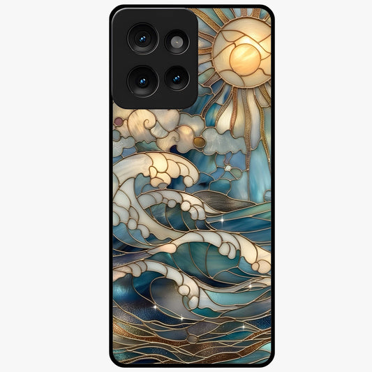Oceanic Stained Printed Glass Case showing flat back view with ocean inspired stained pattern artwork and glossy glass finish.