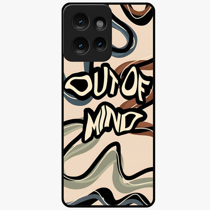 Out Of Mind Glass Case showing flat back view with expressive typography artwork and glossy glass finish.