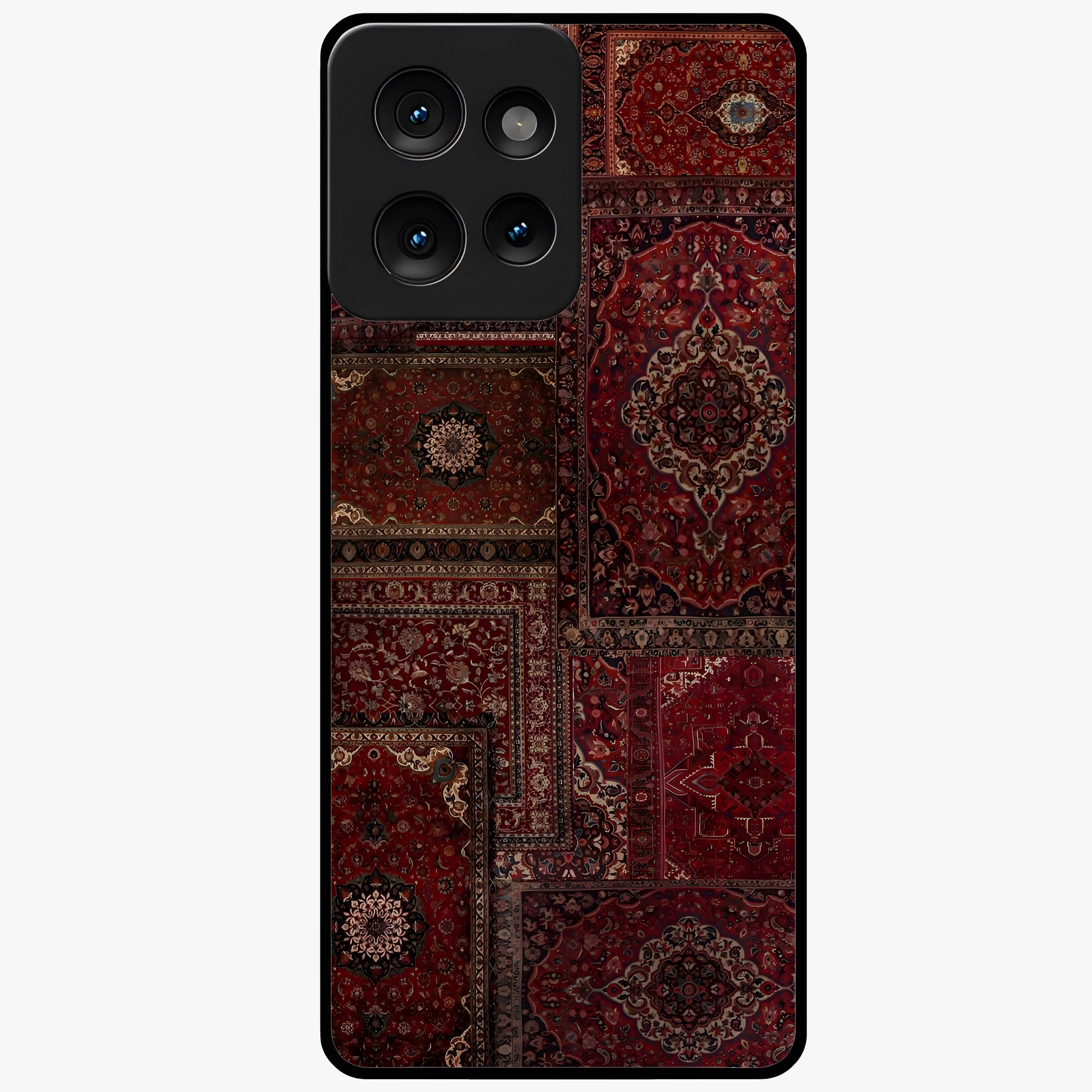 Persian Velvet Tale Glass Case showing flat back view with luxurious Persian velvet pattern artwork and glossy glass finish.