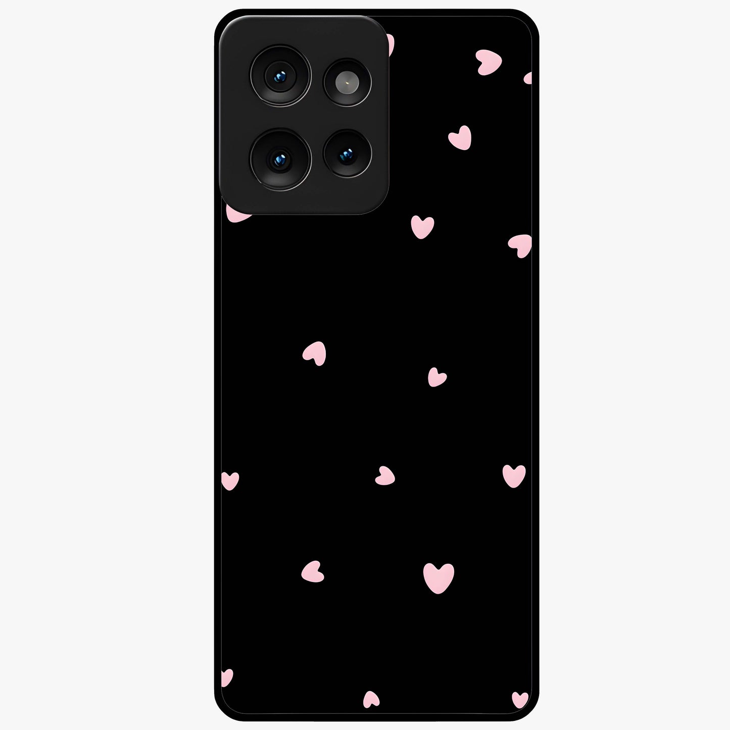 Pink Love Drops Glass Case showing flat back view with playful pink heart drops artwork and glossy glass finish.