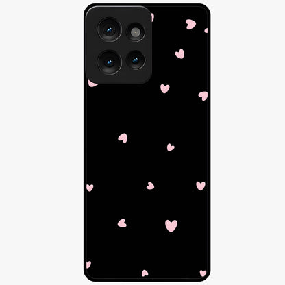 Pink Love Drops Glass Case showing flat back view with playful pink heart drops artwork and glossy glass finish.