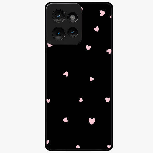 Pink Love Drops Glass Case showing flat back view with playful pink heart drops artwork and glossy glass finish.
