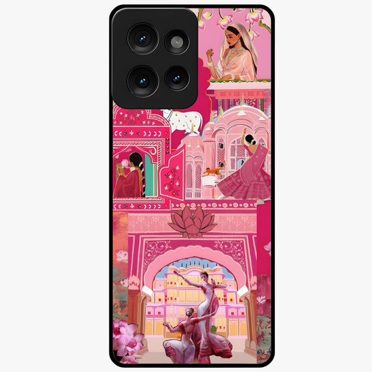 Pink Palace Muse Glass Case showing flat back view with elegant palace inspired artwork and glossy glass finish.