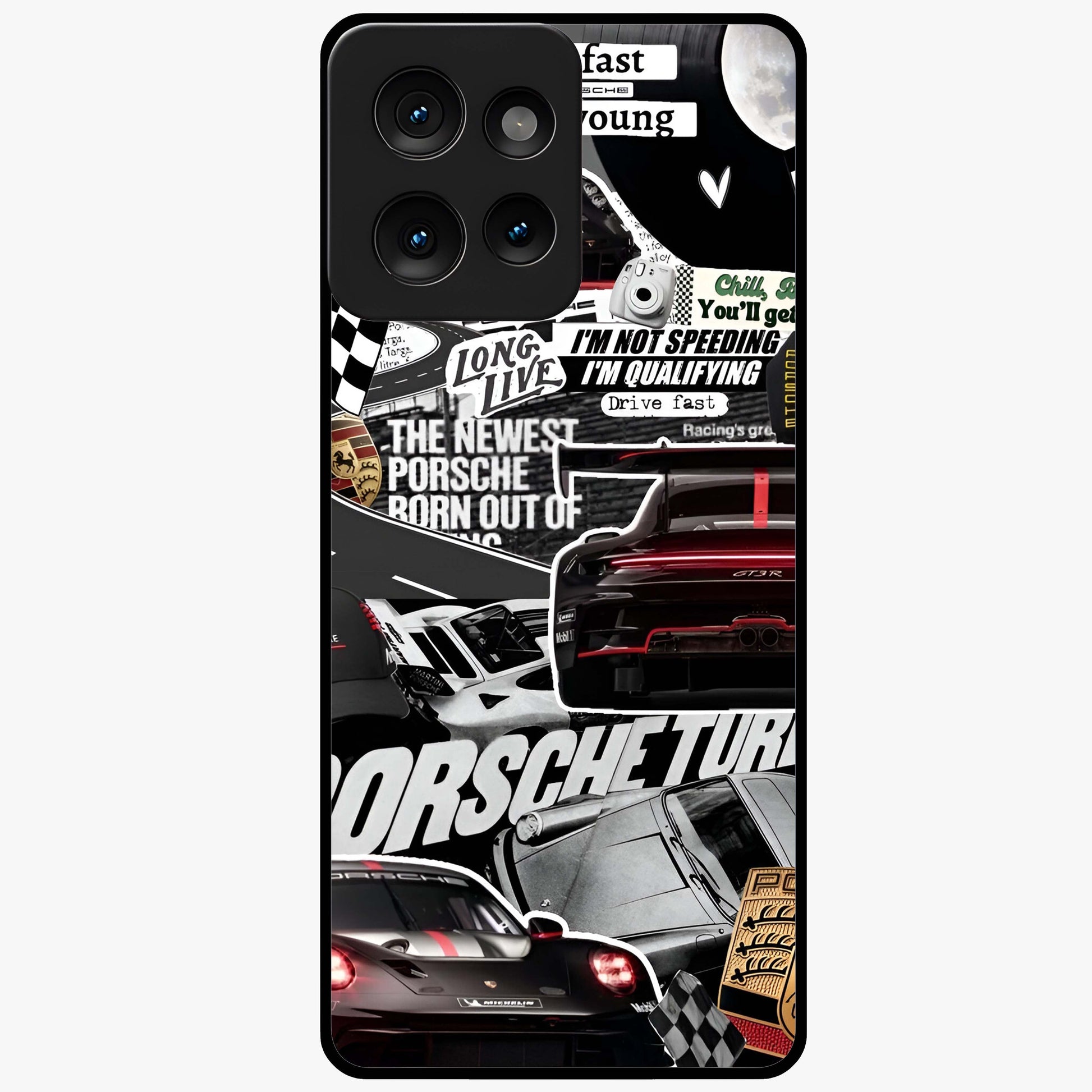 Porsche Racing Collage Glass Case showing flat back view with sports car racing collage artwork and glossy glass finish.