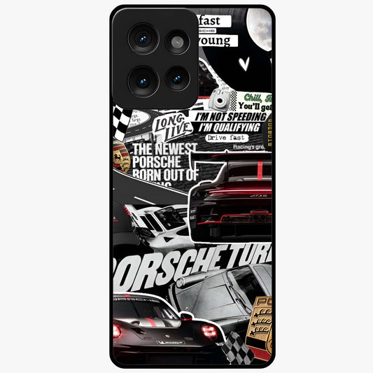 Porsche Racing Collage Glass Case showing flat back view with sports car racing collage artwork and glossy glass finish.
