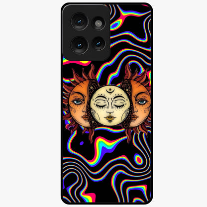 Psychedelic Sun Glass Case showing flat back view with colorful psychedelic sun artwork and glossy glass finish.