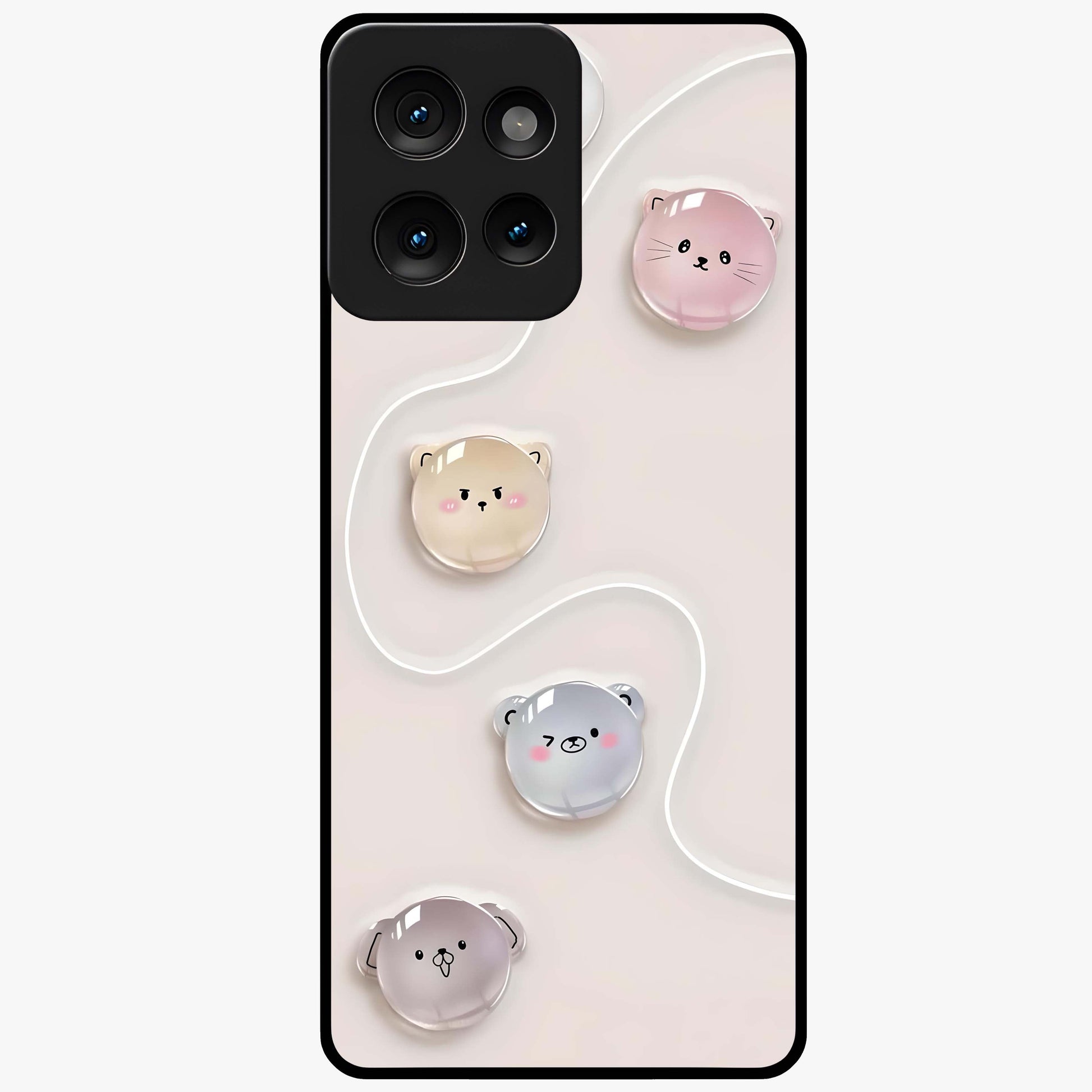 Puffy Face Parade Glass Case showing flat back view with cute puffy character faces artwork and glossy glass finish.