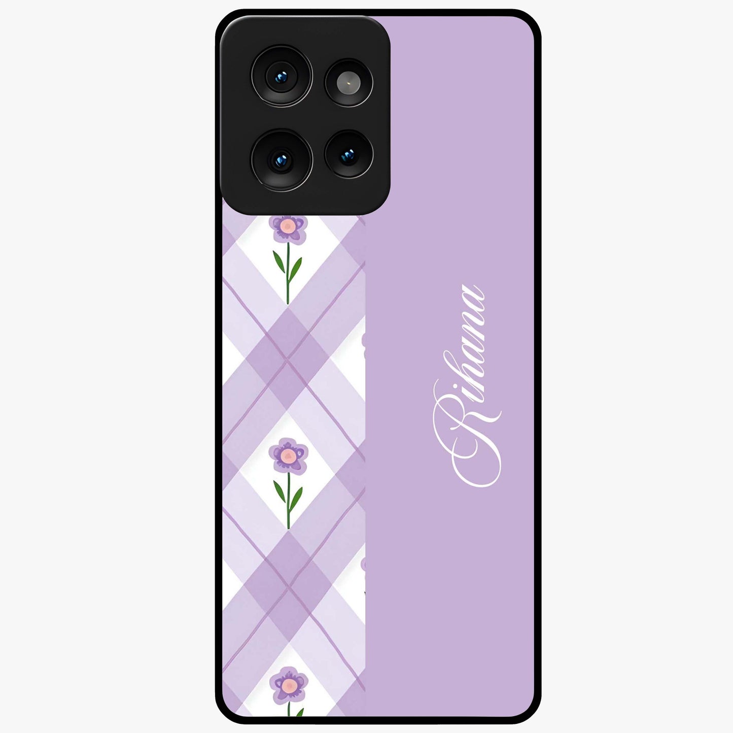 Purple Diamond Floral Glass Case showing flat back view with diamond shaped floral artwork and glossy glass finish.