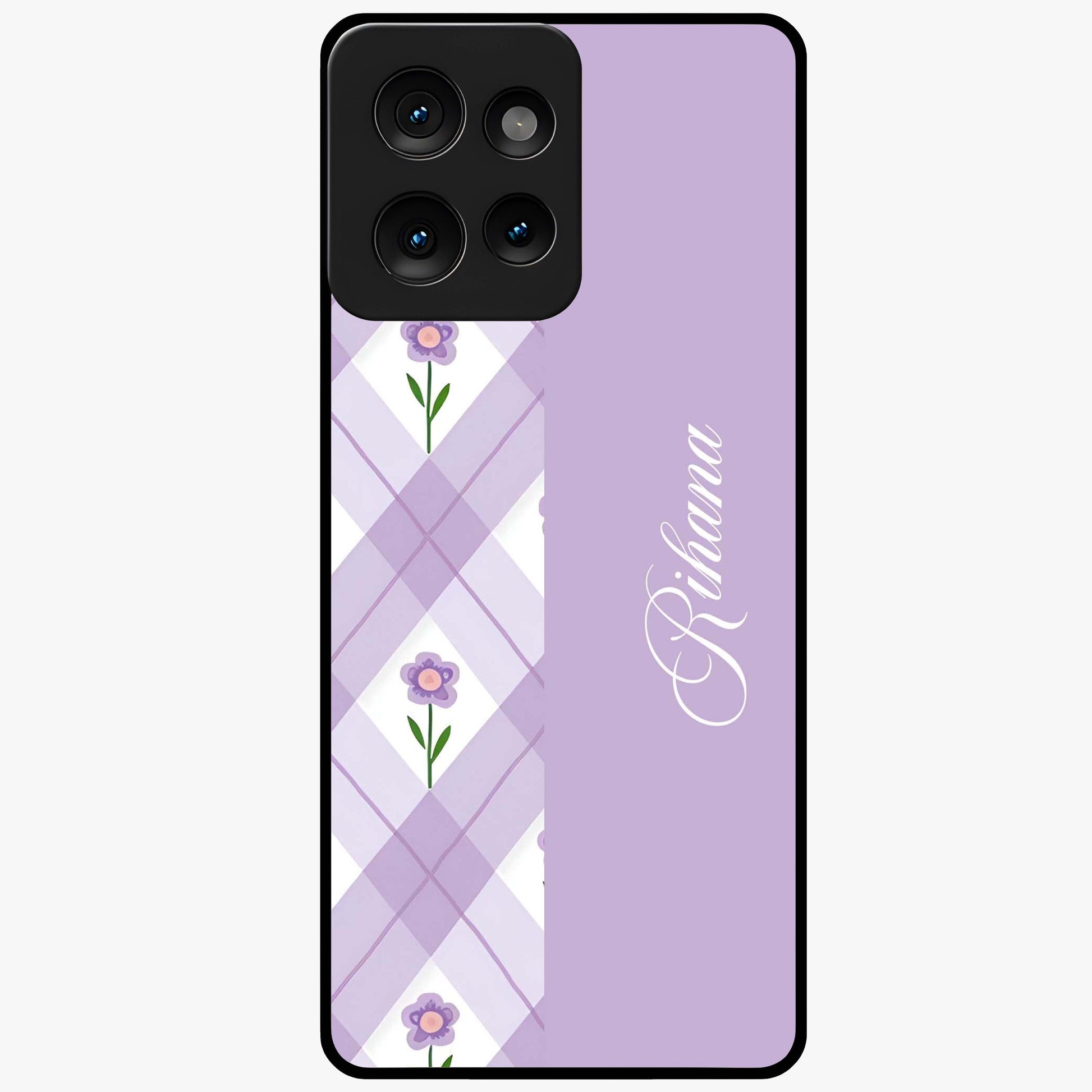 Purple Diamond Floral Glass Case showing flat back view with diamond shaped floral artwork and glossy glass finish.