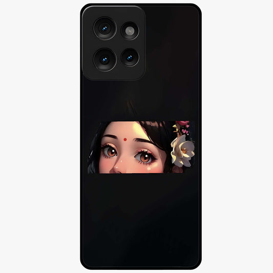 Radha Divine Embrace Glass Case showing flat back view with devotional Radha artwork and glossy glass finish.
