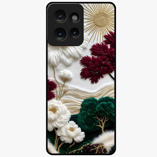 Radiant Bloom Elegance Glass Case showing flat back view with elegant blooming flower artwork and glossy glass finish.