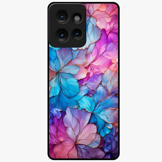 Radiant Floral Whirl Glass Case showing flat back view with swirling floral artwork and glossy glass finish.