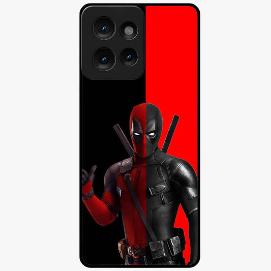 Red & Black Deadpool Theme Glass Case showing flat back view with bold comic inspired artwork and glossy glass finish.