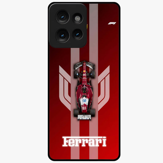 Red Ferrari F1 Vertical Glass Case showing flat back view with sleek Formula racing car artwork and glossy glass finish.