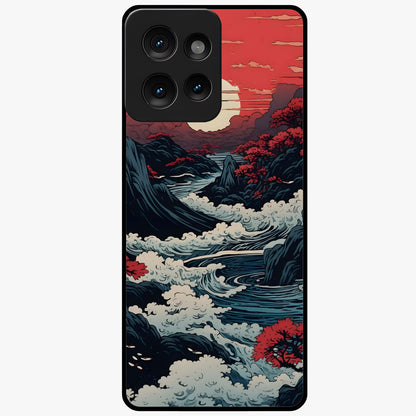Red Sunset Scenery Glass Case showing flat back view with vibrant sunset landscape artwork and glossy glass finish.