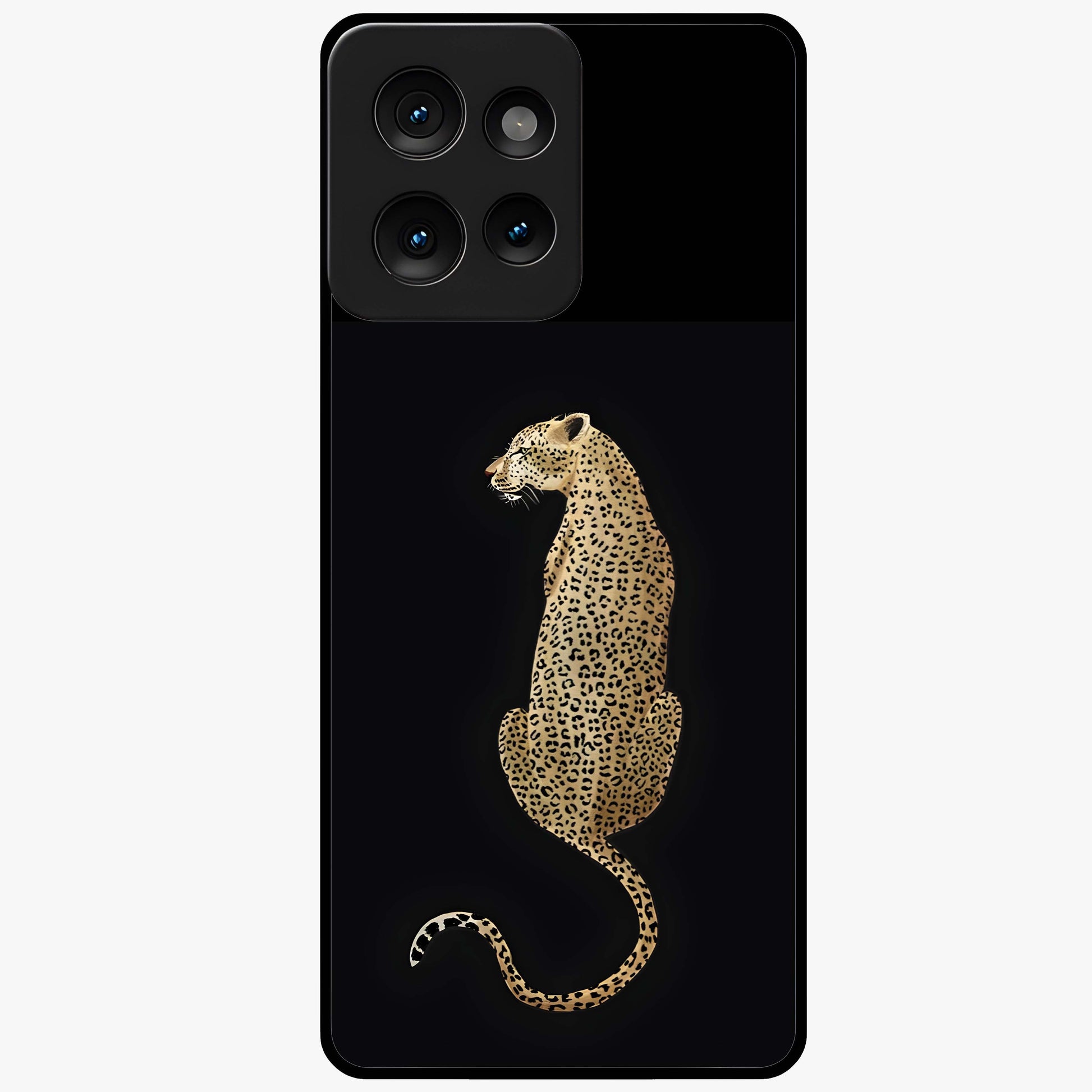 Regal Leopard Glass Case showing flat back view with bold leopard artwork and glossy glass finish.