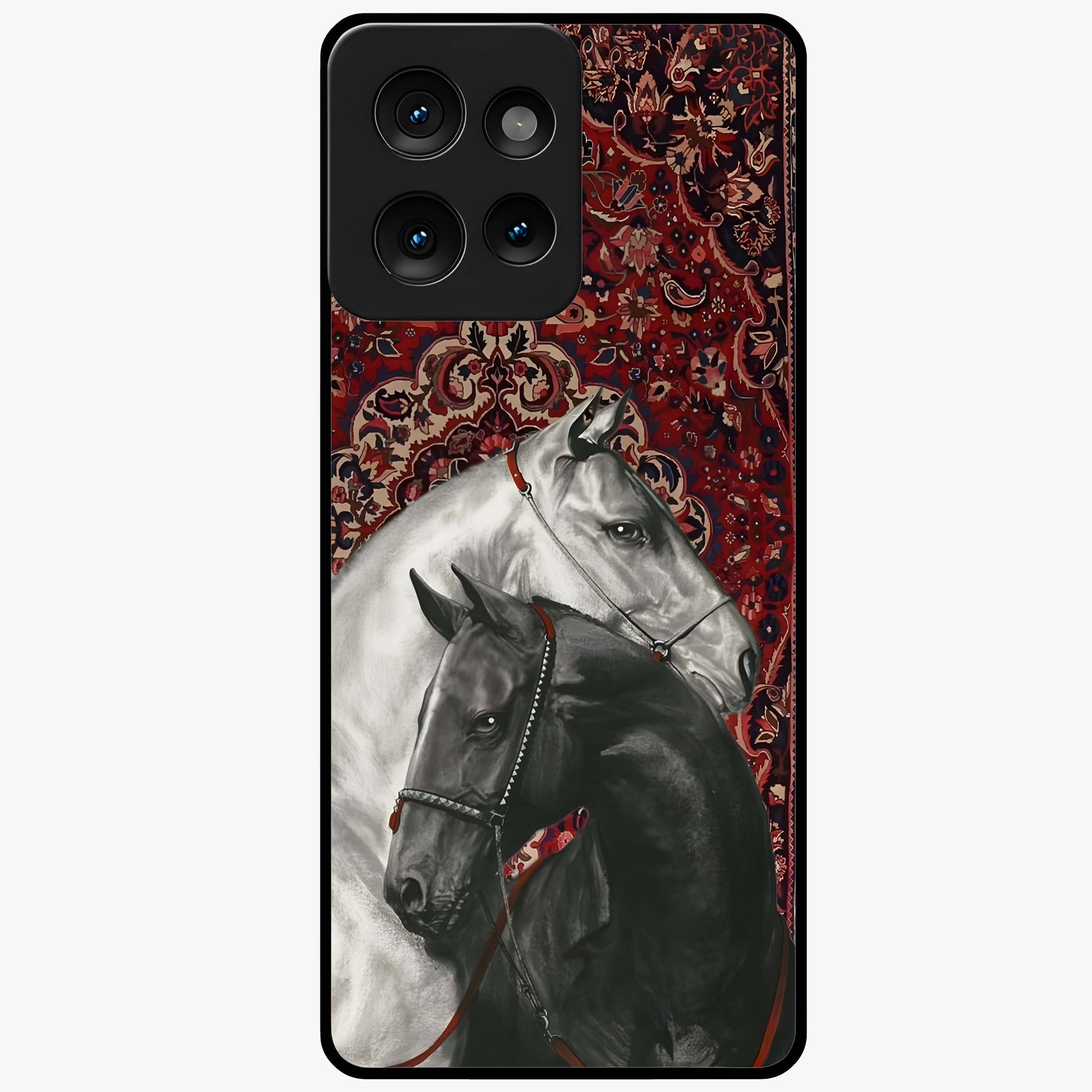 Regal Stallion Tapestry Glass Case showing flat back view with majestic horse tapestry artwork and glossy glass finish.