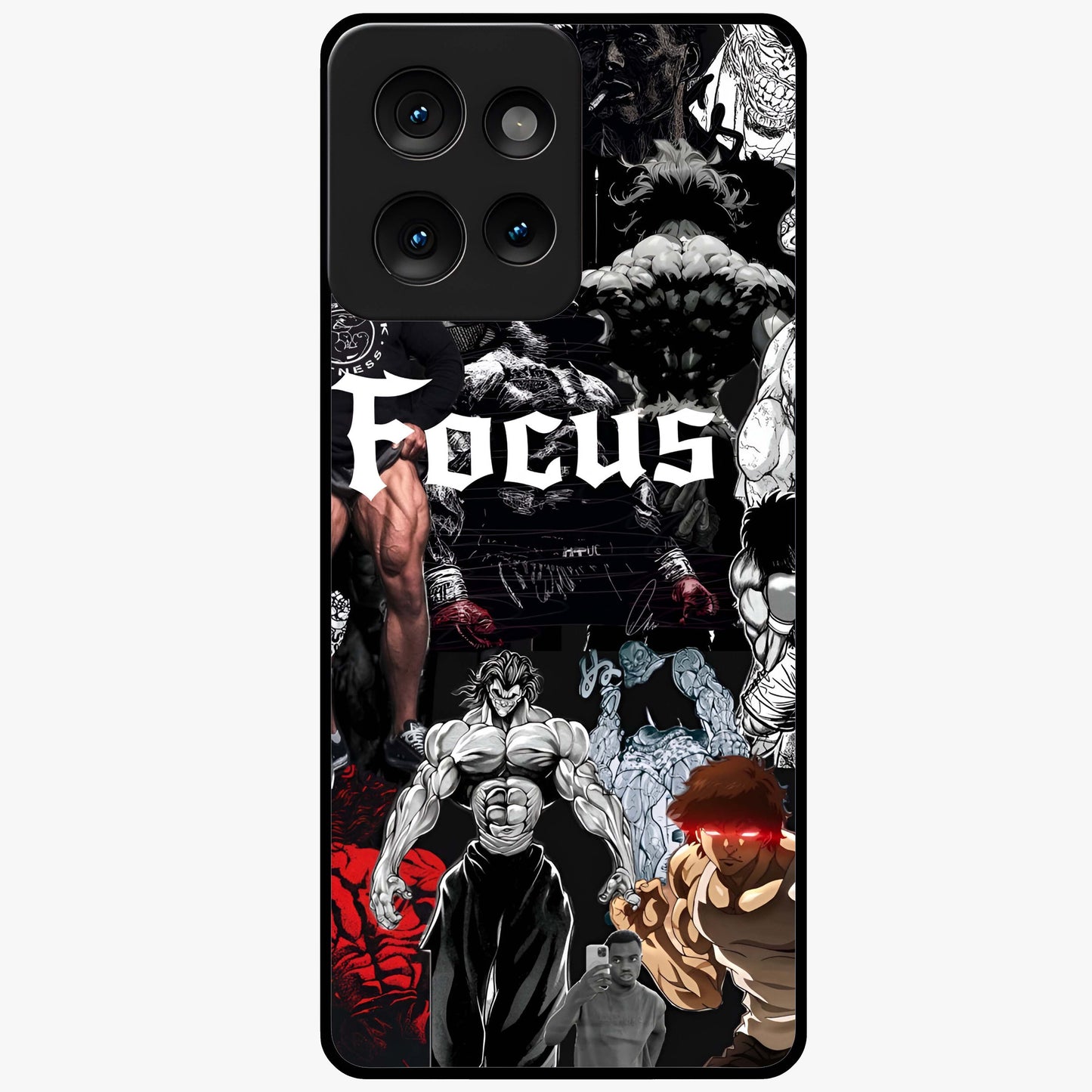 Relentless Power Focus Glass Case showing flat back view with motivational typography artwork and glossy glass finish.
