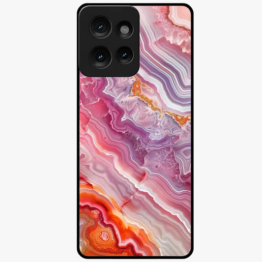 Rose Quartz Marble Glass Case showing flat back view with pink marble quartz texture artwork and glossy glass finish.