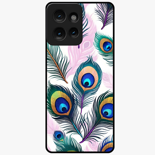 Royal Peacock Feathers Glass Case showing flat back view with colorful peacock feather artwork and glossy glass finish.