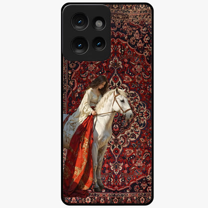 Royal Rider Tapestry Glass Case showing flat back view with majestic horse rider tapestry artwork and glossy glass finish.