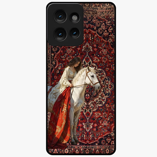Royal Rider Tapestry Glass Case showing flat back view with majestic horse rider tapestry artwork and glossy glass finish.