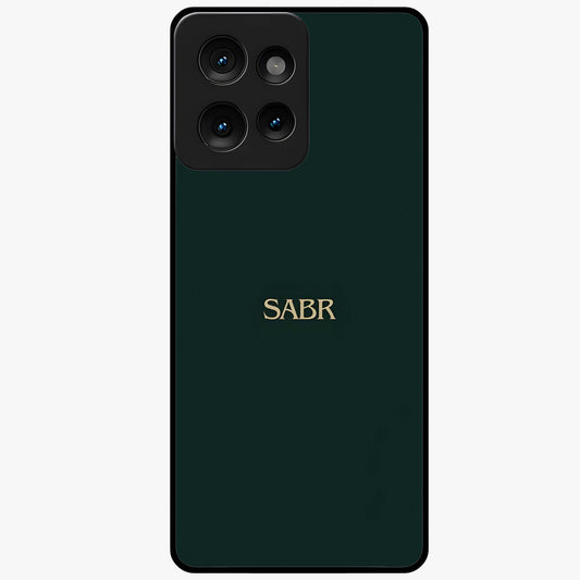 Sabr Minimal Patience Glass Case showing flat back view with minimalist typography artwork and glossy glass finish.